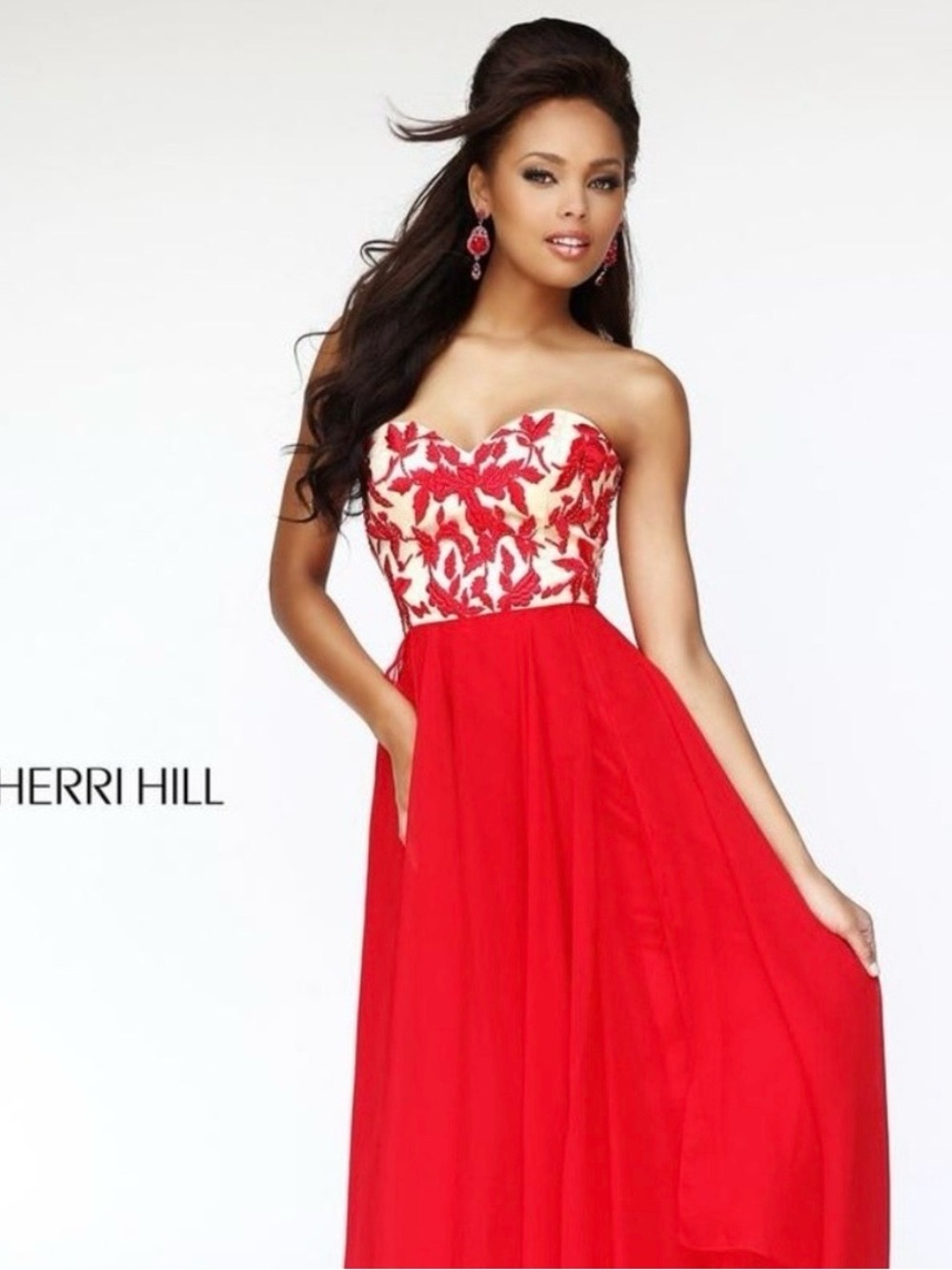 Sherri Hill 1924 A-line Gown Red & Gold with Floral Bodice Chiffon Dress Sz 4